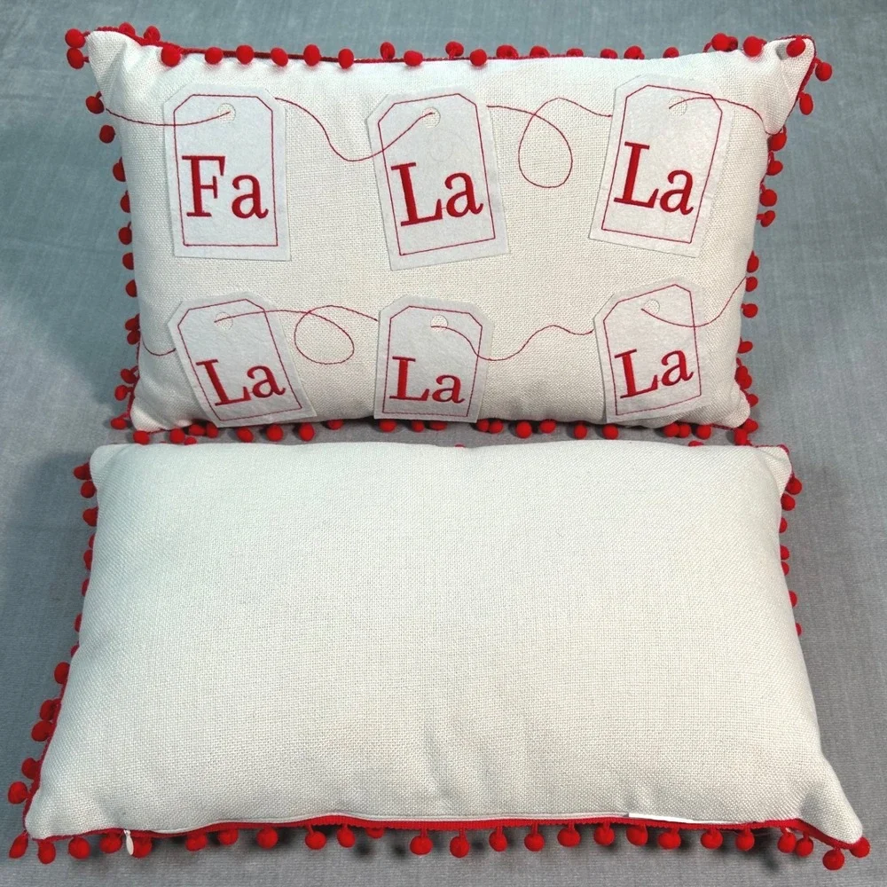 Christmas Holiday Fa La La Tea Bag Decorative Throw Pillow with Pom Poms Red Zip